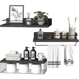 22.5 inches Bathroom Shelves Over Toilet for Wall, Floating Shelves with Storage Basket Paper Holer for Kitchen Living Room, Bedroom & Classroom, Set of 3 (Black)