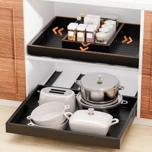 kbrains Expandable Pull Out Cabinet Organizer, Slide out Drawers with Depth(16"-22") and Width(11 "-19") for Pantry Spice Pots Storage, Adhesive Deep Roll out Shelves for Kitchen, Black 1 Pack