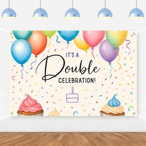 It's a Double Celebration Backdrop Colorful Twins Siblings Birthday Decorations Backdrop for Joint Birthday Party Decors Supplies Photo Booth Props 5 * 3ft