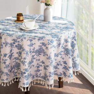 LOVOUS Linen Floral Round Tablecloth 48 Inch  Washable Vintage Blue Table Cloth for Indoor & Outdoor Dining, Restaurant, Picnic, Pastoral Table Cover Decor
