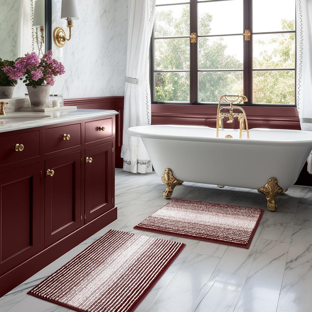 Bathroom Rugs and Mats Sets, 2 Piece Thick Absorbent Chenille Bath Mat Rug Set Non Slip, Soft Shaggy Bath Room Floor Mats for Bathroom, Machine Washable (Burgundy Red, 20" x 32" Plus 16" x 24")