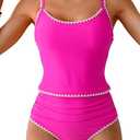 Eomenie Tankini Swimsuit for Women Tummy Control Ruched Two Piece Bathing Suits High Waisted Shell Stitch Swimwear (Small, Pink Floral)