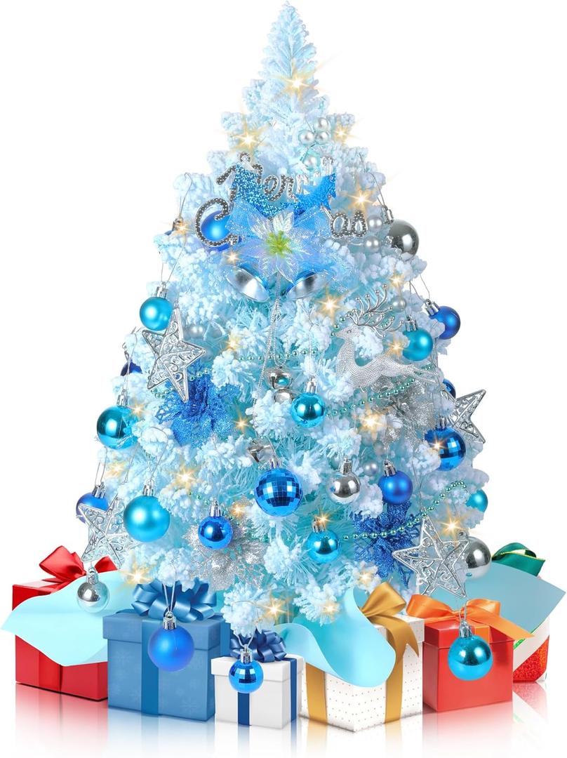 2FT Mini Christmas Tree, Snow Flocked Blue Christmas Trees, 100 Lifelike Branches, 60 LED Lights, 47 Ornaments, 24 Inches Tabletop Artificial Prelit Small Christmas Tree for Holiday Indoor DIY Decor