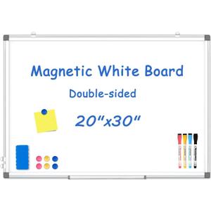 WALGLASS Double-Sided White Board 20" x 30", Dry Erase Board, Magnetic Whiteboard Silver Aluminium Frame, Wall-Mounted or Hanging Board for Home, School, Office, Kitchen (30" x 20")