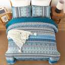 WONGS BEDDING Boho Quilt Set Queen Size, Teal Blue Bohemian 3 Pieces Quilt Sets, Lightweight Bedspread Coverlet Bedding Set for All Season (96"x90")