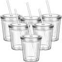 6 Pcs Clear Tumblers with Lid and Straw for Kids, 12 oz Insulated Acrylic Double Wall Cups Toddlers Reusable Plastic Cup Kids Bulk (Clear Lid)