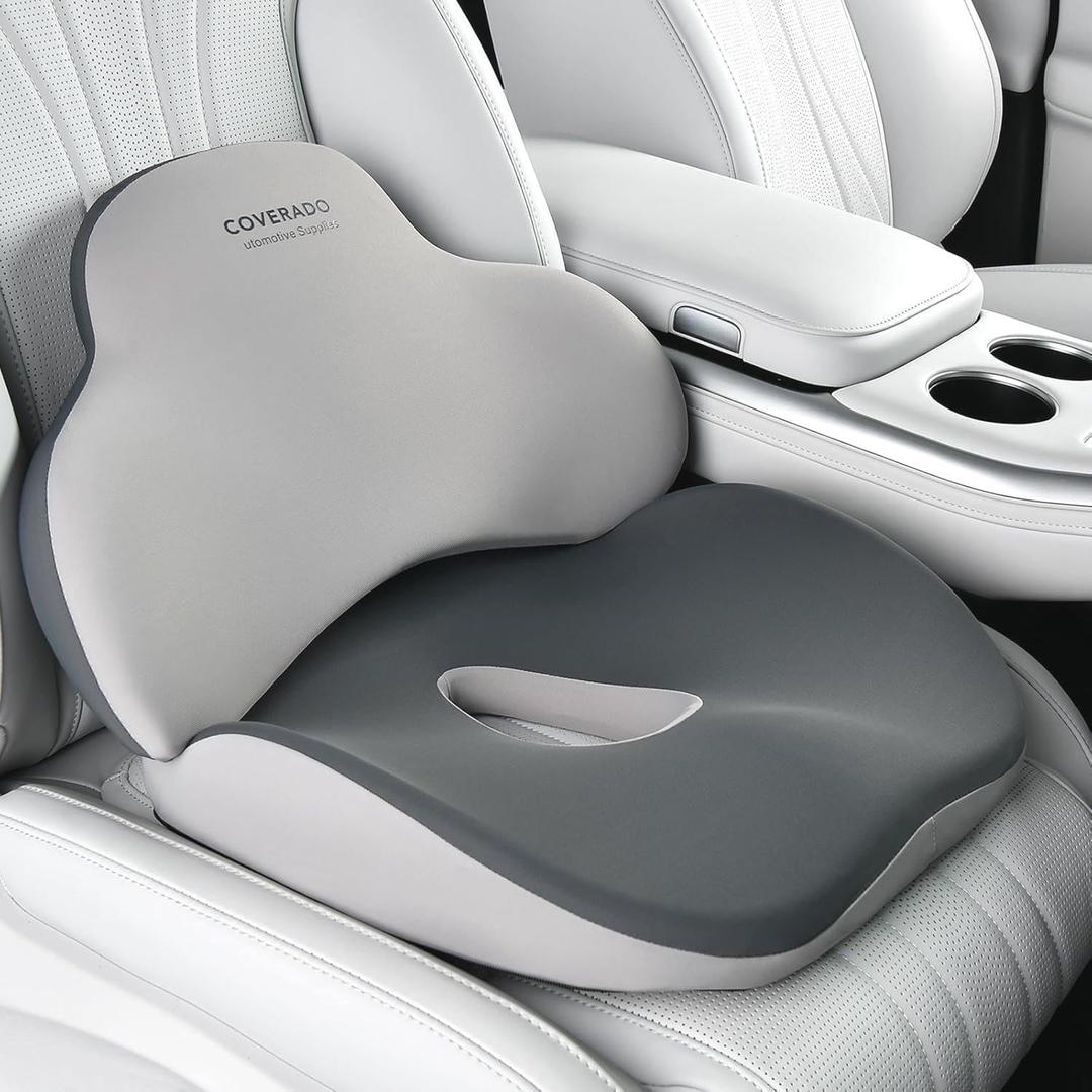 Coverado Seat Cushion and Lumbar Support Pillow for Car Office Chair, Ergonomic Memory Foam Desk Chair Cushion Back Support Pillow, Sciatica & Back & Tailbone Pain Relief Cushion-Black&Gray