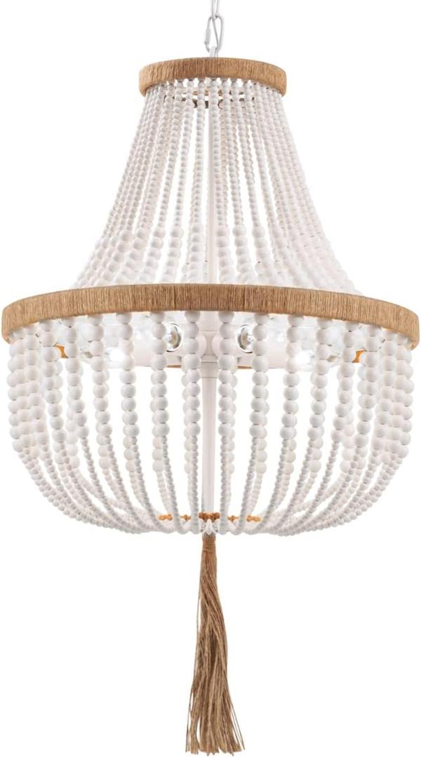 4 Lights Wood Beaded Farmhouse Chandelier with Tassels Bohemia Antique Rustic Pendant Light for Bedroom Kitchen Island Dining Living Room Foyer, White, Dia 17 Inch