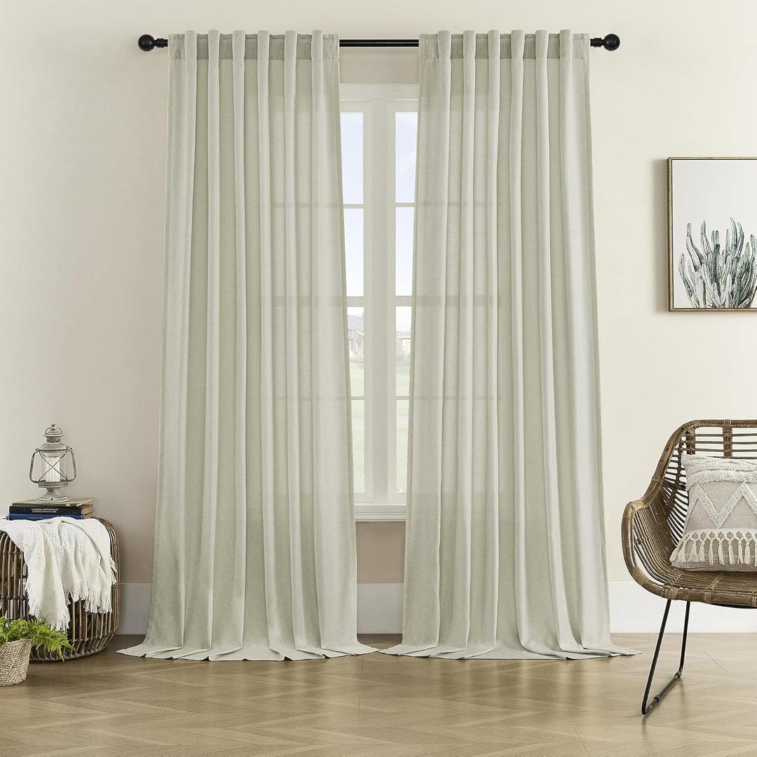 DONREN Linen Curtains 120 Inches Long for Living Room Bedroom 2 Panels Rod Pocket and Back Tab Light Filtering Large Window Drapes Ivory Natural Sheer Curtains 120 Inch for Patio (Nautural)