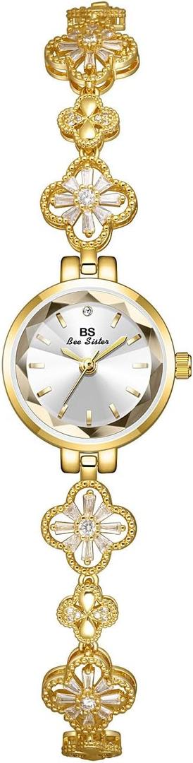 FANMIS Elegant Hollow Four Leaf Clover Womens Bracelet Gold Tone Watch Waterproof Luxury Diamond Dress Ladies' Bracelet Watch Four Leaf Clover Design Ladies' Timepiece