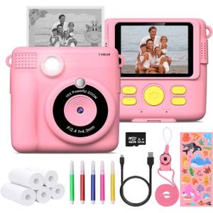Instant Print Camera for Kids - 2.4" HD 1080P - with 32GB SD Card, 5 Markers, Stickers, 5 Paper Rolls, Lanyard. Camera Boys and Girls from 3 to 14 Years Old. (Pink)