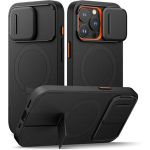 SURITCH for iPhone 15 Pro Case with Magnetic Camera Slide Cover and Adjustable Kickstand, Compatible with MagSafe, Shockproof Bumper Case Slim Protective Cover 6.1 Inch, Black
