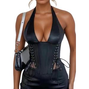 FEOYA Women's Sexy Halter Neck PU Leather Bustier Top Adjustable Backless Crop Vest with Tie Straps (Medium, Black Girdle)