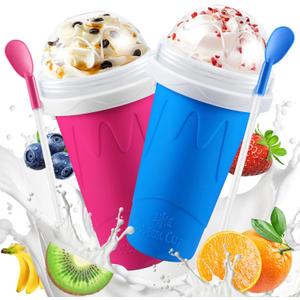 2 Pack Magic Squeeze Slushy Cups, DIY Frozen Slushie Maker Cup, Portable Smoothies Cups for Making Juice Shake Yogurt Ice Cream, Reusable Cooling Cup for Family and Friends(Blue+Pink)