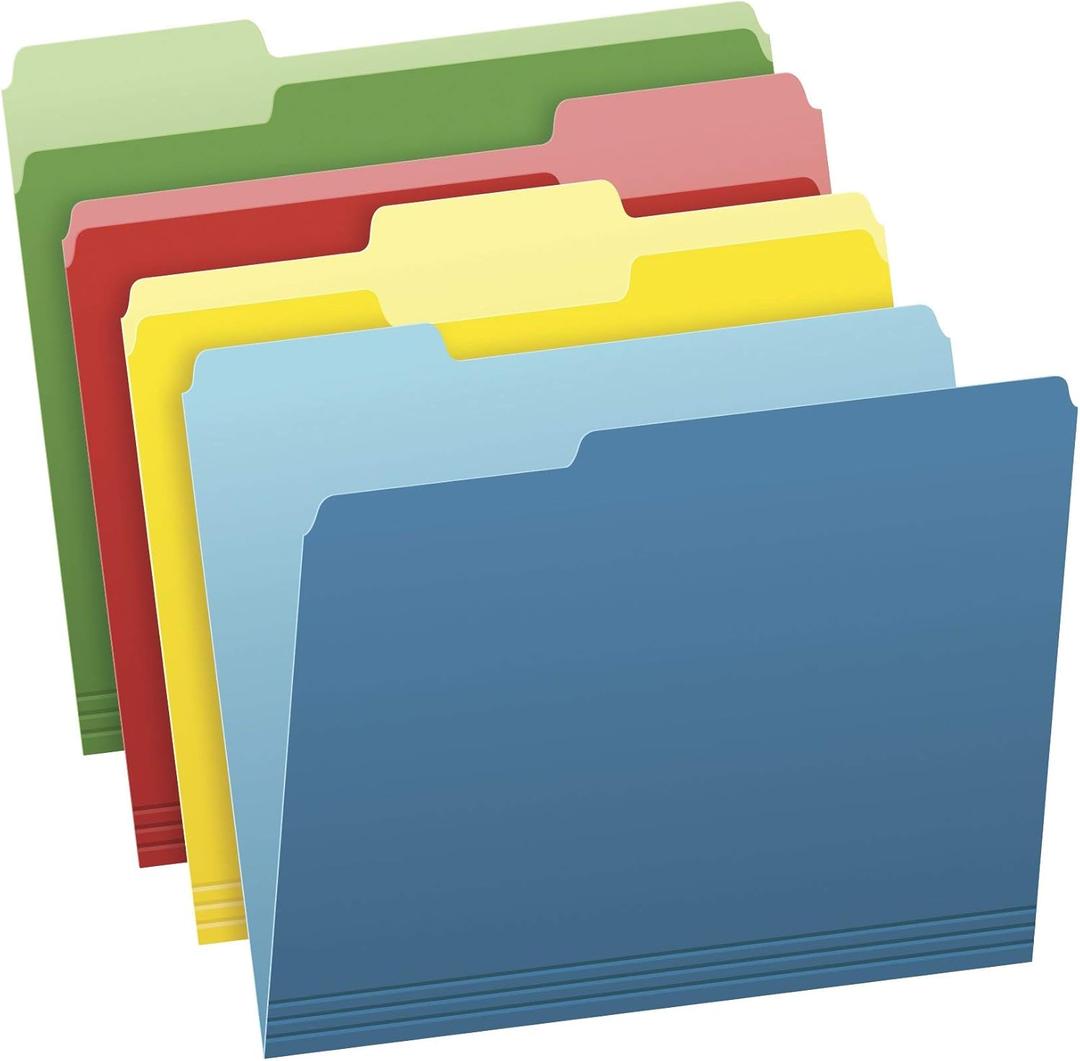 Pendaflex Two-Tone Color File Folders, Letter Size, Assorted Colors (Bright Green, Yellow, Red, Blue), 1/3-Cut Tabs, Assorted, 36 Pack (03086), 4-color