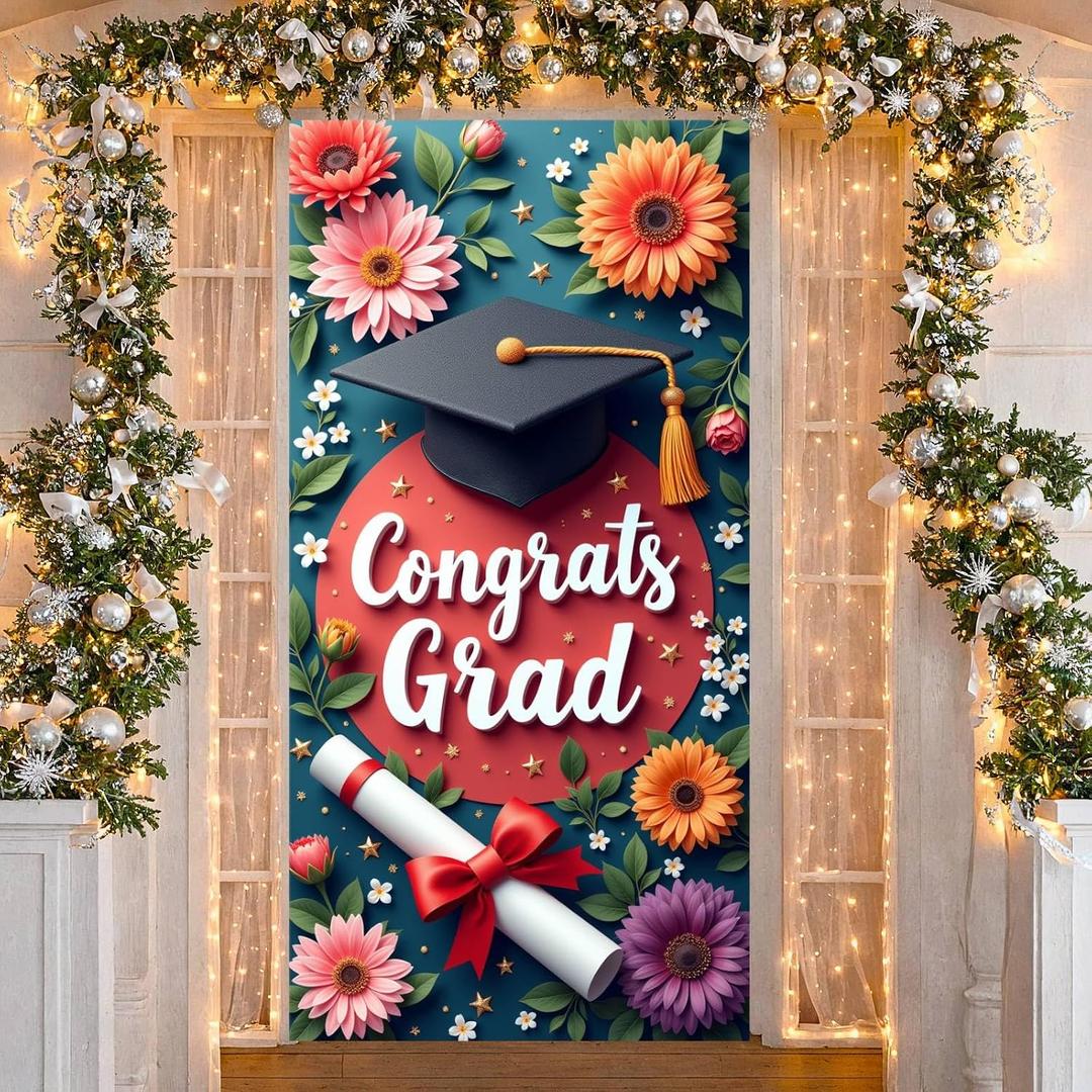 Graduation Door Cover with Hanging Rope 70x35 Inch Pink Floral Durable Fabric Congrats Grad Banner Photo Booth Backdrop for High School College Party Decorations Girls Daughter Women