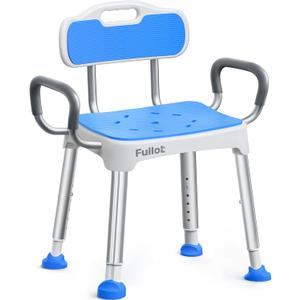 FULLOT 400 lbs Heavy Duty Shower Chair with Padded Back & Arms, Adjustable Height, Non-Slip Seat, Blue Aluminum