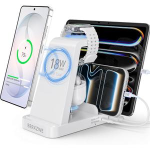 Wireless Charger for Samsung: 5 in 1 Samsung Wireless Charging Station for Galaxy S26Ultra/S25/S24, Charger Dock Stand for Galaxy Watch8/7/6/5, Android Charging Station for All USB-C Buds, White