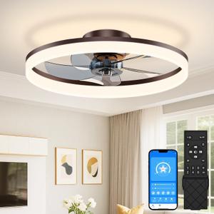 VOLISUN Low Profile Ceiling Fans with Lights and Remote, 20in Fandelier Ceiling Fan Flush Mount, 3000K-6500K Smart Bladeless LED Fan Light, Brown Modern Ceiling Fans with Lights for Bedroom