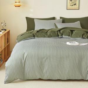 Wake In Cloud - Striped Comforter Set, Ticking Stripe Vertical Pinstripe Neutral Farmhouse Pattern Printed, Soft Lightweight Bedding, 3 Pieces, Olive Green White, Queen Size