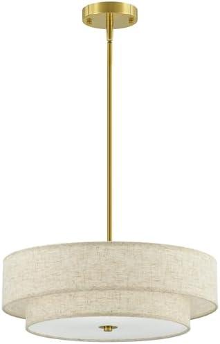 VONLUCE Modern Chandeliers, 18" Drum Chandeliers with 2-Layer Fabric Shade, 4-Light Pendant Light Fixture with E26 Bases, Light Fixture for Dining Room Bedroom Living Room, Linen Shade & Brass Finish