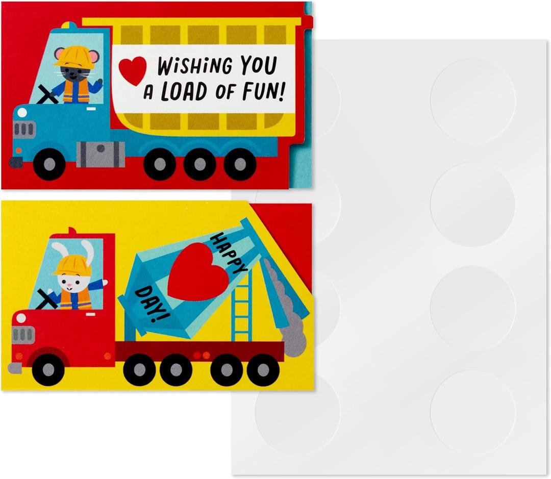 Hallmark Mini Valentine's Day Treat Card Pockets for Kids, Trucks (32 Mini Pocket Notes with Sticker Seals)