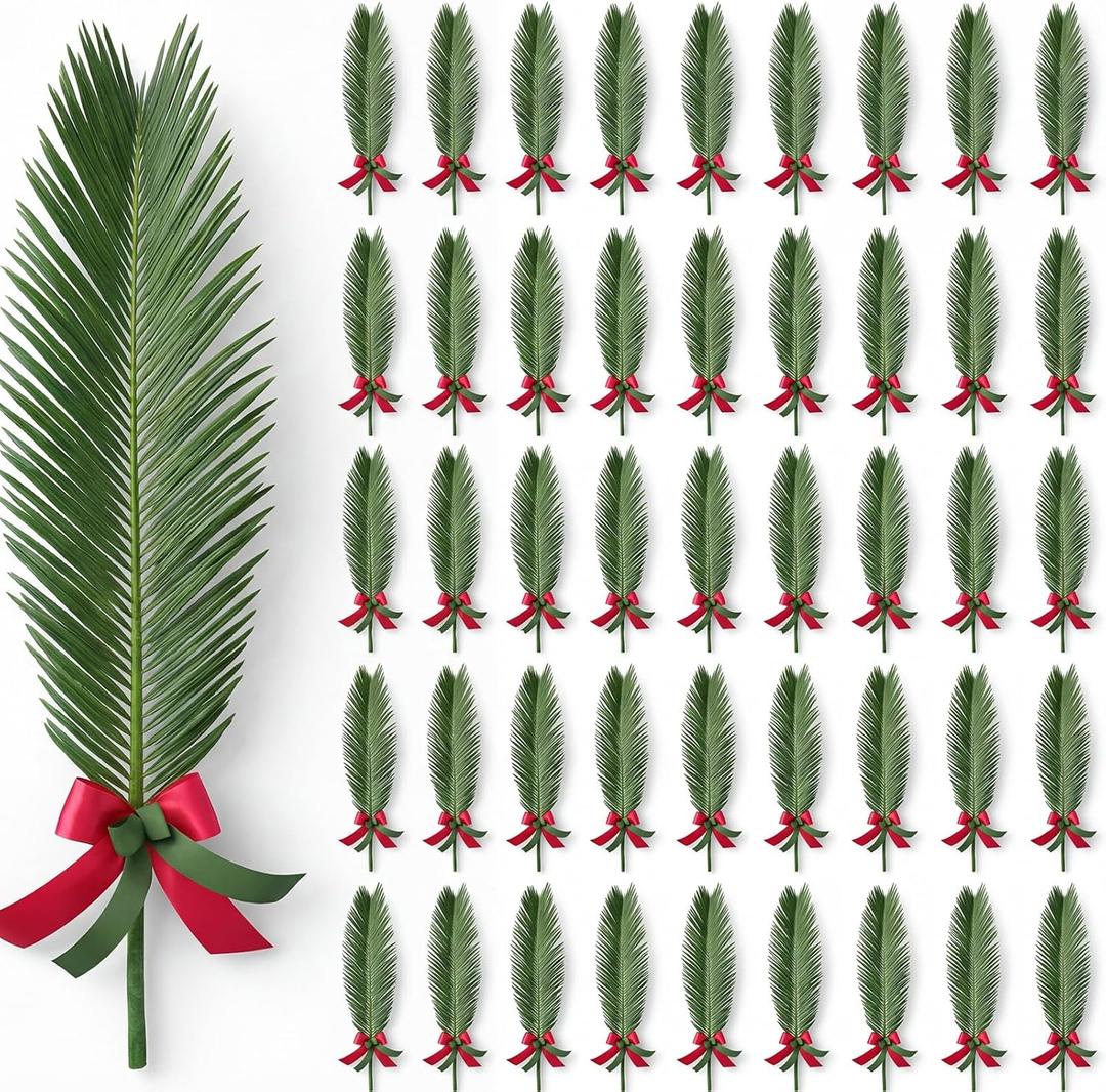 40 Pcs Easter Palm Leaves Decor Artificial Green Foliage Leaf with Red Ribbon for Palms Sunday 20.4 Inch Outdoor Faux Tropical Leaves for Easter Home Decor Party Supplies