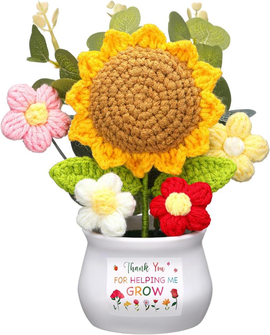 Teacher Appreciation Gift from Students Thank You for Helping Me Grow Presents Positive Handmade Crochet Pot for Teacher Boss Lady 2026 Graduation Retirement Gift(Sunflower)