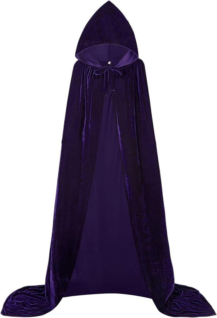 Unisex Hooded Cape Long Velvet Cloak with Hood Halloween Christmas Cosplay Costumes 43-71inches (XXL=Length: 71"/180cm(from collar to hem), Purple)