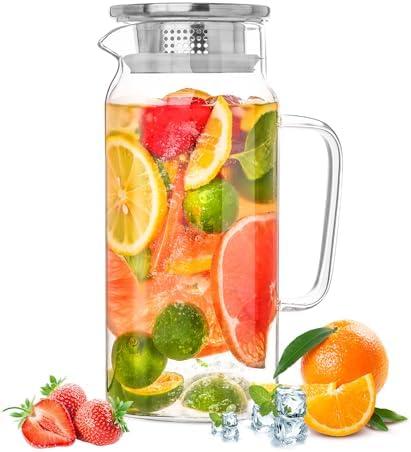 Glass Pitcher with Lid, 1200ml Leak Proof,Glass Water Jugs, BPA-Free,Microwave & Dishwasher Safe Pitcher,Sun & Iced Tea, Sangria,Cold Brew Coffee & More
