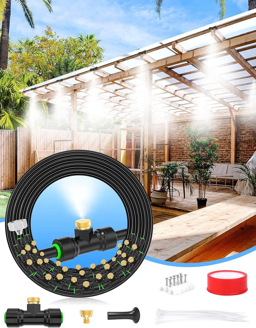 Misters for Outside Patio 89FT(27.3M)+34 Brass Mist Nozzles+a Brass Adapter(3/4") Detachable Outdoor misting Cooling System for Garden, Waterpark, Greenhouse, Backyard
