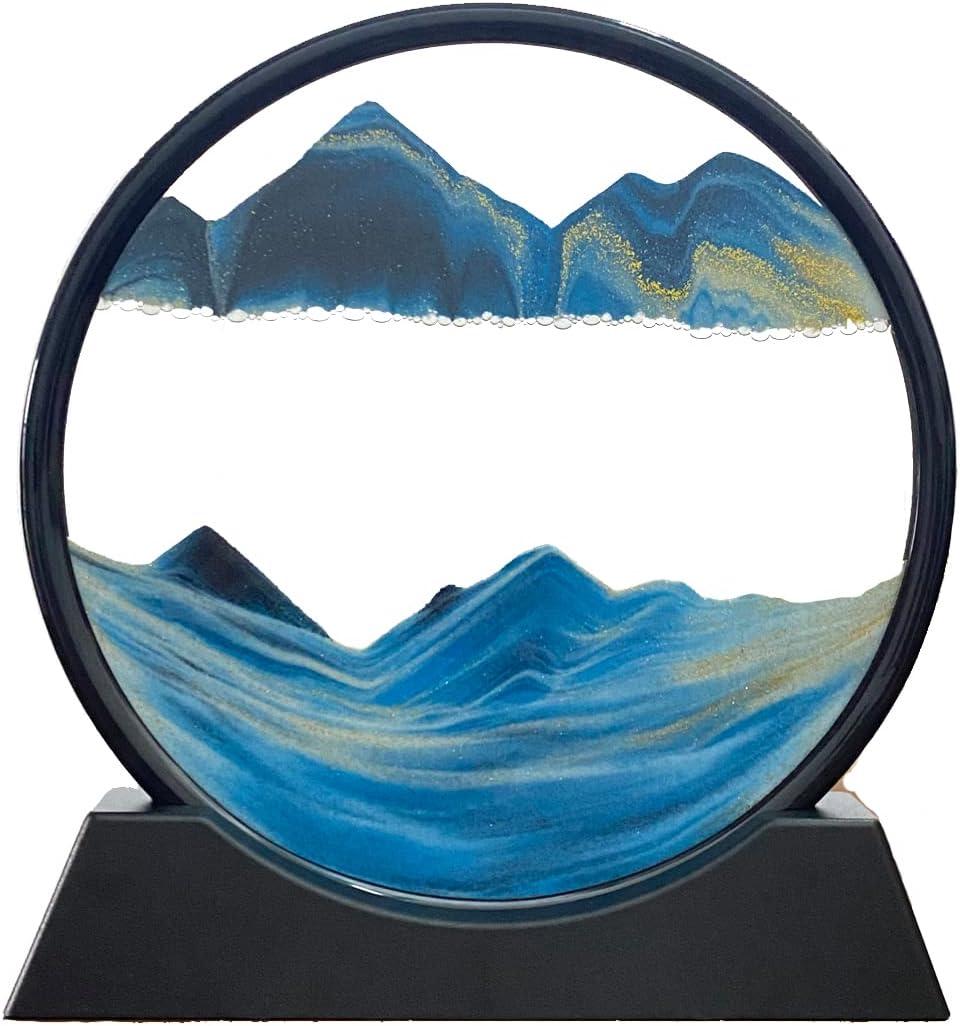 3D Dynamic Sand Art Liquid Motion, Moving Sand Art Picture Round Glass 3D Deep Sea Sandscape in Motion Display Flowing Sand Frame Relaxing Desktop Home Office Work Decor (7, Blue)