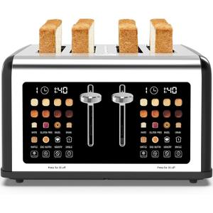 4 Slice Toaster Touch Screen, Stainless Steel Toasters Digital Timer, Dual Control Panel Toasters, 8 Shade Settings 6 Bread Types for Bagel, Cancel, Defrost 1650W Black