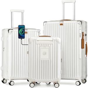 Joyway 3 Piece Set Hardside Expandable Luggage with USB Charging Port and Cup Holder, TSA Lock Spinner Wheels Suitcase for International Travel, Lightweight Carry On Checked Baggage, White