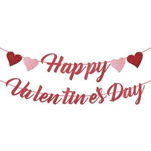 Glitter Happy Valentine's Day Banner with Hearts - Festive Valentine's Decor for Home, Party, Classroom - Red & Pink Romantic Sign for Valentines Holiday Decoration