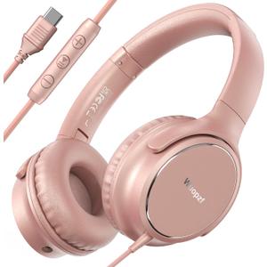 USB C Wired Over-Ear Headphones with Microphone, Volume Control, Share Port, and Adjustable Headband Foldable Stereo Headset for iPhone 16, Samsung, Laptop, Gaming, Travel (Rose Gold)
