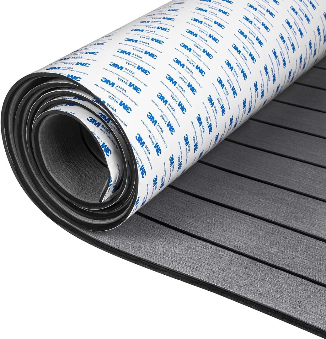 OCEANBROAD EVA Foam Boat Flooring with 3M Adhesive Backing Marine Self-Adhesive Decking 96''x45.6''/36''/28.8''/16.8'', 48''x16.8'' Faux Teak Sheet for Jon Boats Swim Platform Helm Pad RV Floor (Dark Gray with Black Seam Lines)