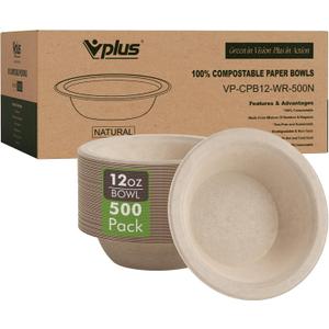 Vplus 500 Pack 12 OZ Paper Bowls Bulk, Disposable Compostable, Eco-friendly Bagasse, Heavy-duty Bowls Perfect for Milk Cereals, Snacks, Salads Nature