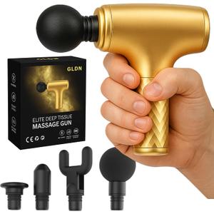 GLDN Mini Massage Gun with Luxurious Gold Finish, High Intensity Deep Tissue Percussion Massager for Back, Neck, & Body Pain, Electric Massager with 4 Massage Heads, Pain Relief Gifts for Men & Women