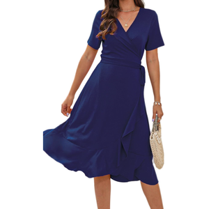 WINDMILL Women V-Neck Wrap Dress Short Sleeve Tie Waist Midi Flowy Beach Summer Dresses XL