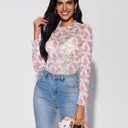 Women's Sheer Floral Long Sleeve Layering Top Ruffled Mock Neck Sheer Blouse for Casual Brunch Party Club Night Date Outfits (Pink, L)