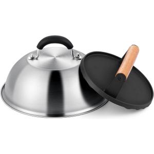 9 Inch Griddle Basting Cover & Burger Grill Press Kit, Joyfair Stainless Steel Cheese Melting Dome with Cast Iron Bacon Patty Press for Outdoor Flattop BBQ Grilling, Heavy Gauge Material (Round)