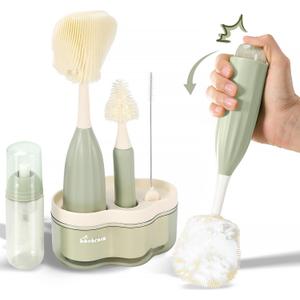 Baby Bottle Brush Set [Push-Press + Bendable Bottle Brush: 360Comprehensive Cleaning] Baby Bottle Cleaner Brush Set for Baby Bottle/Nipple/Straw/Breast Pump Drying Rack and Travel Bag Included (Green)