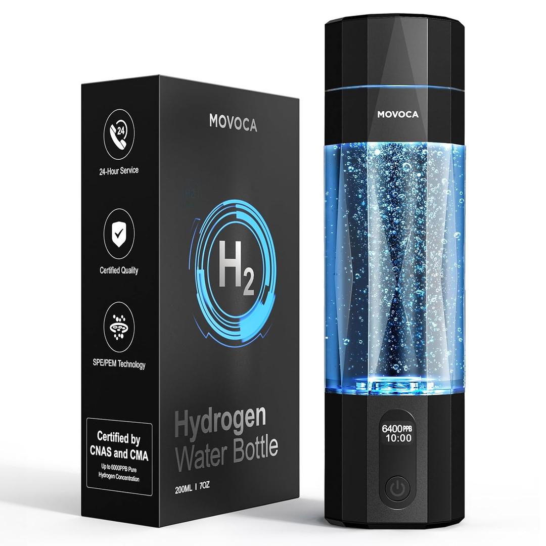 MOVOCA Upgrade Hydrogen Water Bottle, Up to 6400PPB Hydrogen Water Generator -SPE PEM Tech, 7 OZ Food-Grade PC Hydro Water Machine, Health Care Gifts for Husband, Wife, Family, Friends, Travel (Black)