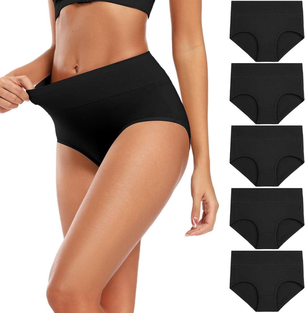 Molasus Women's Cotton Underwear High Waisted Full Coverage Ladies Panties (Regular & Plus Size) (X-Large, Black-5pack)