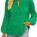 BETTE BOUTIK Women's Long Short Sleeve Tops 2025 Dressy Casual Button Hollow Out Lace Embroidered Blouses Shirts (Green)