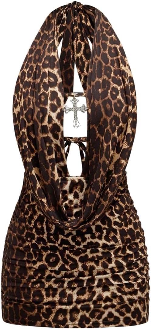 SOLY HUX Women's Leopard Halter Mini Dress Cheetah Print Deep V Neck Draped Sleeveless Ruched Bodycon Party Club Dresses (Black, XL)