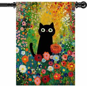 Spring Summer House Flag 28x40 Inch Double Sided Outside Black Cat Colorful Floral Flowers Seasonal Holiday Yard Porch Outdoor Decoration