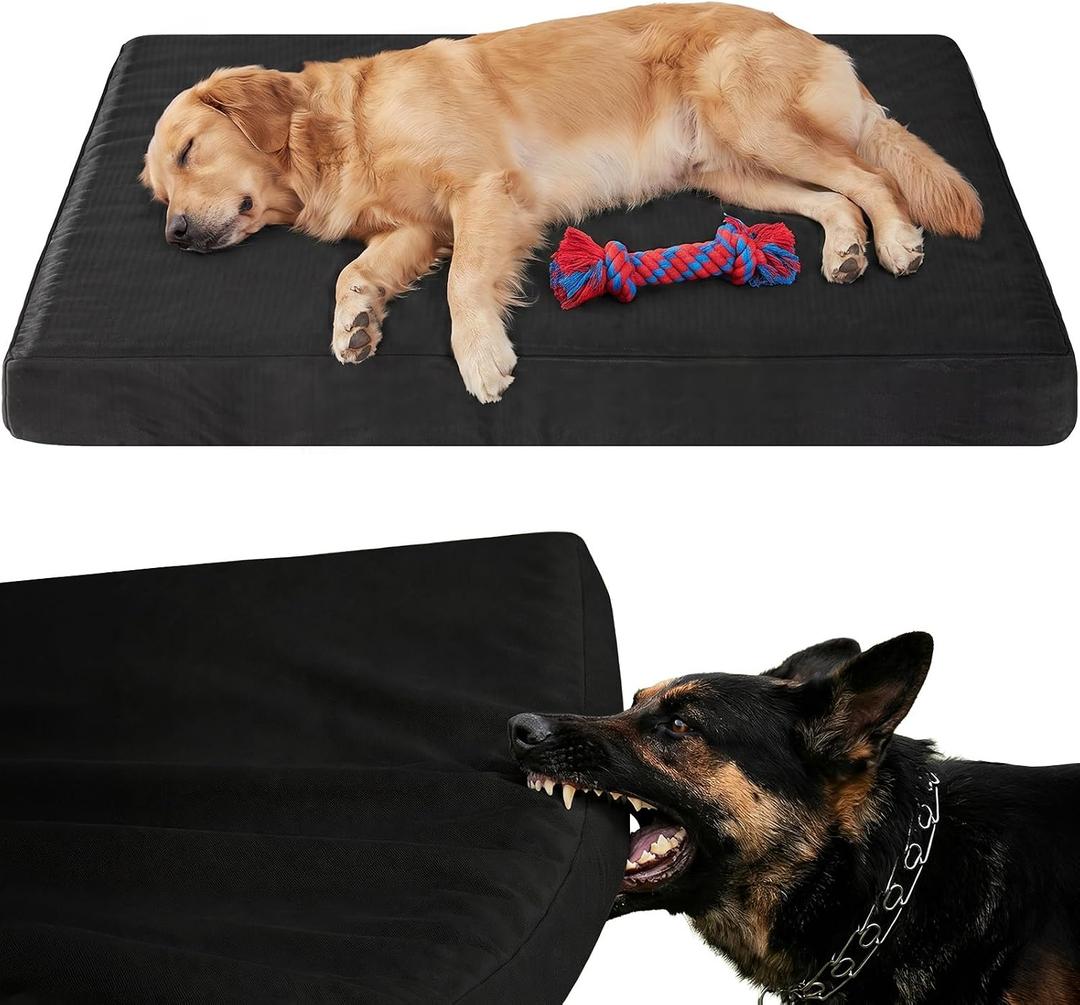 RRPETHOME 4" Indestructible Chew Proof Dog Beds for Aggressive Chewers,Durable Waterproof Fabic Chew Resistant Crate Dog Bed for Puppy Teething & Active Dog, Orthopedic Egg FoamBlack 55x42x4