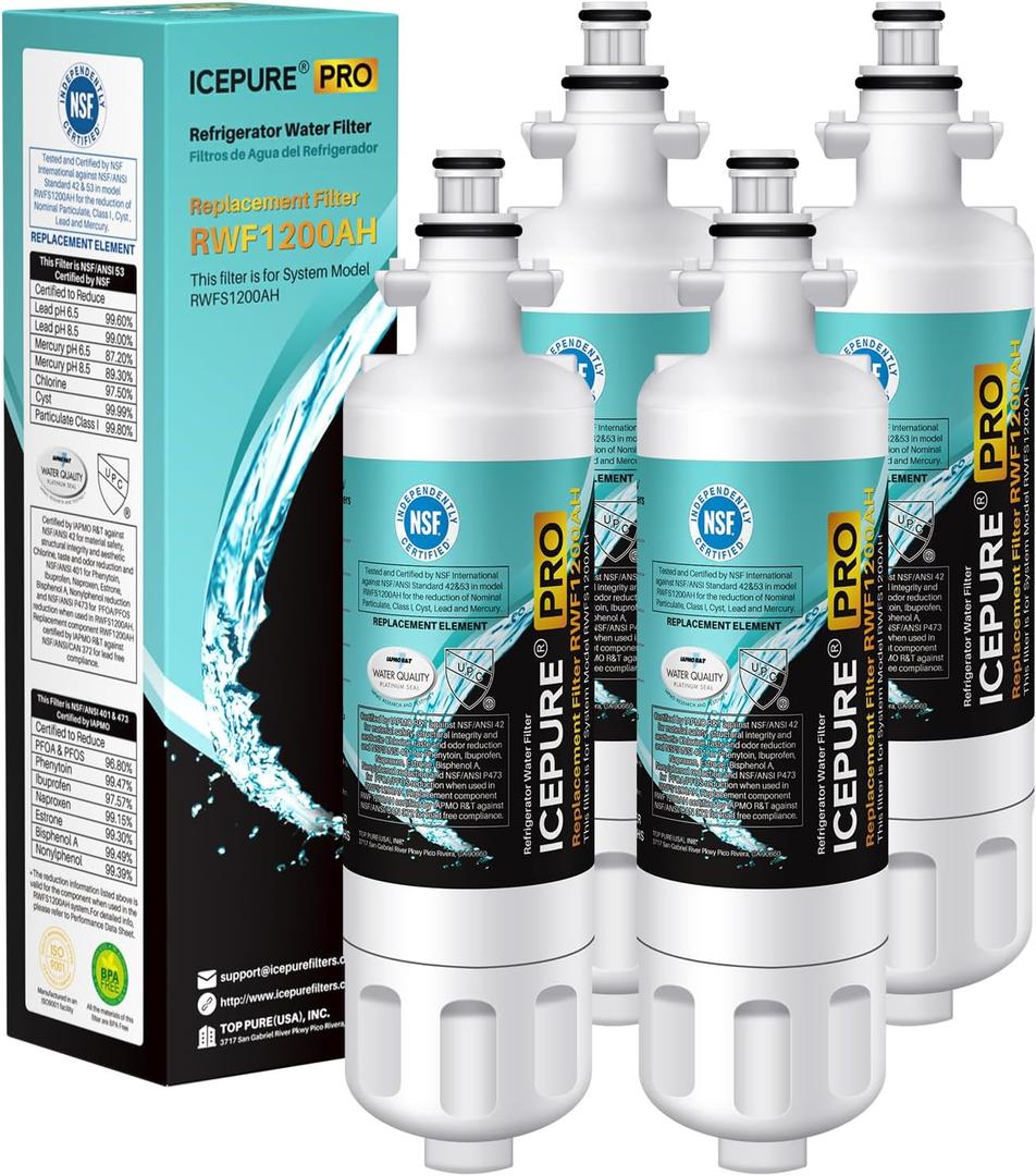 ICEPURE PRO ADQ36006101 NSF/ANSI 401 Certified Replacement for LG LT700P Kenmore Elite 46-9690 ADQ36006102 HDX FML-3 LFX28968S LFXS29626S RWF1200A Refrigerator Water Filter,4 PACK